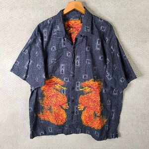 Vintage No Boundaries Shirt Mens 2XL Black Dragon Print Y2K Asian Button Up
